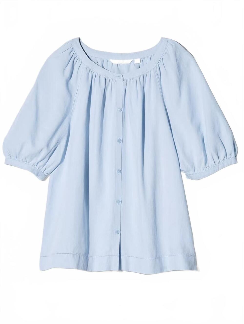 Uniqlo Linen Blend Volume Sleeve Blouse Blue NWT Small